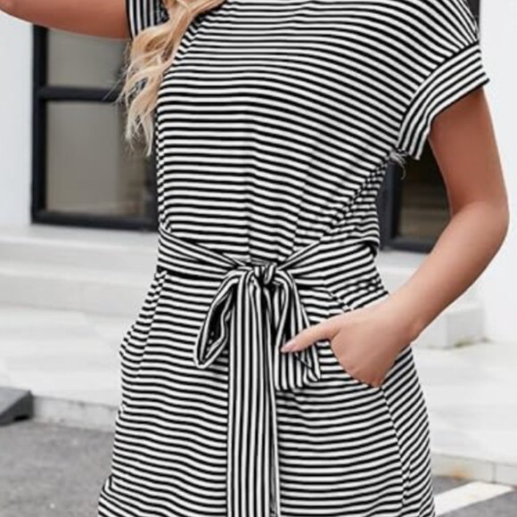 NEW Striped Classic Preppy T Shirt Dress Tie Waist Pockets Small Black White - Picture 4 of 4
